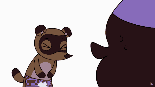 a cartoon of a raccoon wearing blue swim trunks with a rabbit on them