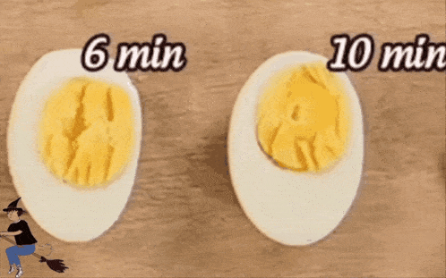 two hard boiled eggs sit on a wooden table with the words 6 min and 10 min written above them