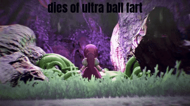 a girl in a pink dress is standing in the grass in front of a purple rock .