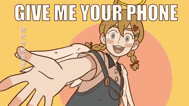 a cartoon of a girl with wings and the words give me your phone below her