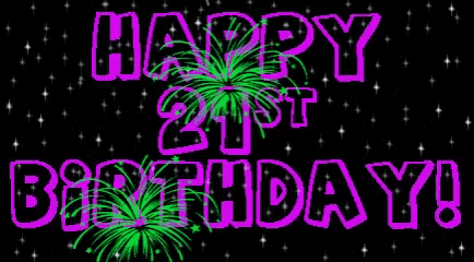 a happy 21st birthday greeting card with fireworks and stars in the background .