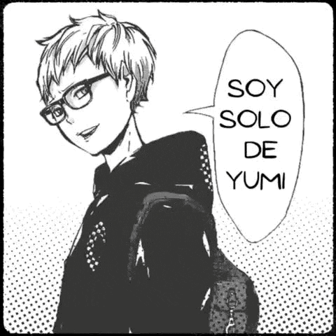 a black and white drawing of a boy with glasses and a speech bubble saying soy solo de yumi