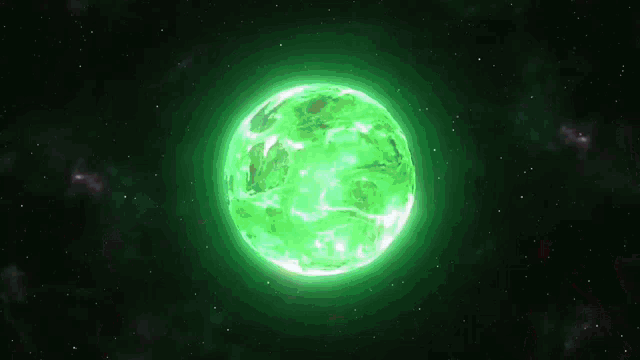 a robot is standing in front of a green glowing sphere in space .