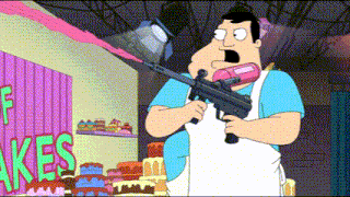 a man holding a gun in front of a sign that says flakes