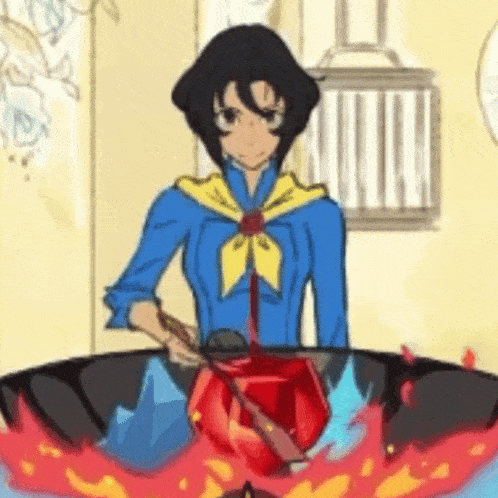 a woman in a blue shirt and yellow scarf is cooking in a pan with flames coming out of it .