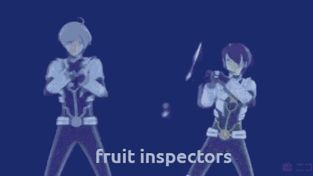 a couple of anime characters standing next to each other with the words `` fruit inspectors '' written on the bottom of the image .