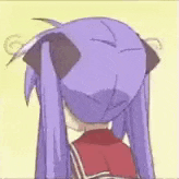 a cartoon girl with purple hair and a red school uniform is looking at the camera .