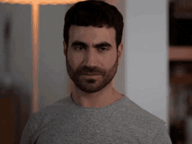 a man with a beard is wearing a grey t-shirt