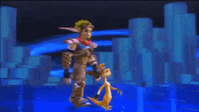 a video game character standing next to a smaller character