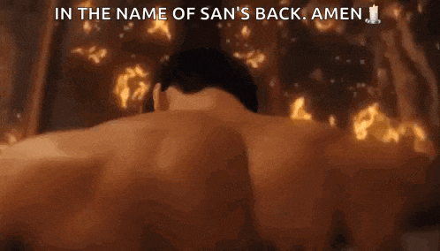 a man is laying in a bathtub with the words in the name of san 's back amen written above him