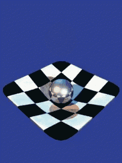a black and white checkered floor with a silver ball on top of it