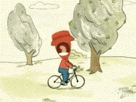 a cartoon of a man riding a bike in a park .