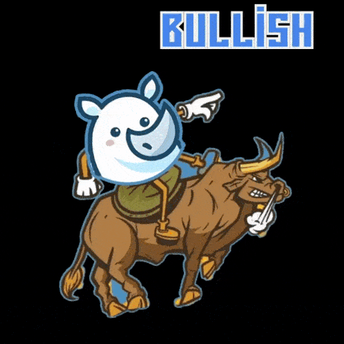 a cartoon drawing of a rhino riding a bull with the word bullish above it