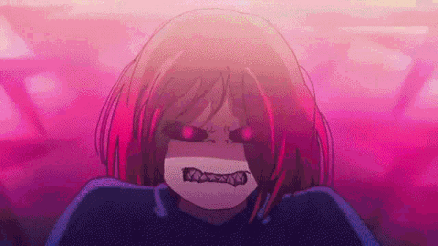 a cartoon girl with pink hair and red eyes is looking at the camera with a purple background .