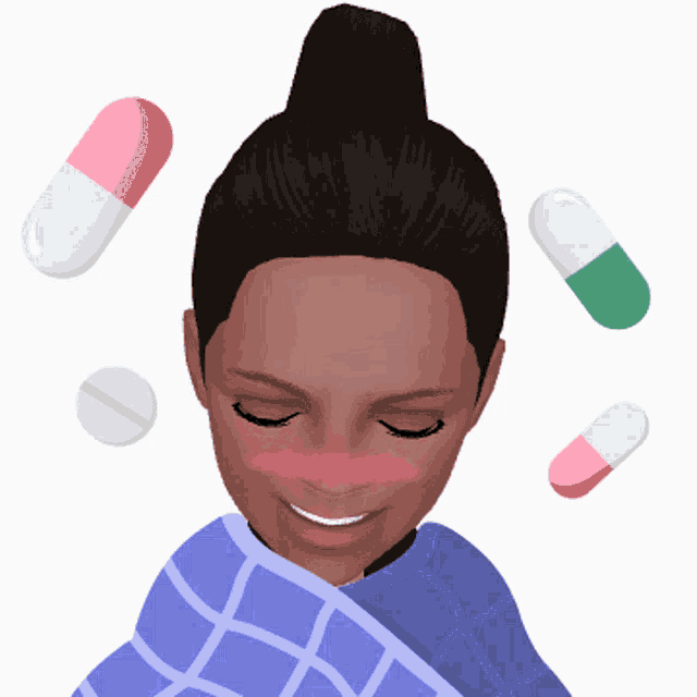 a woman wrapped in a blanket with pills flying around her