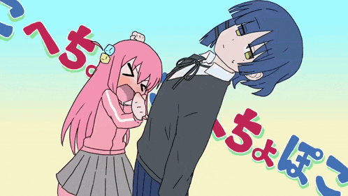 a girl with pink hair is standing next to a boy with blue hair and the number 15 behind them