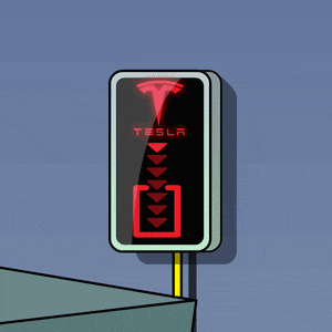 a cartoon of a penguin standing next to a tesla
