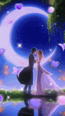 a painting of a man and woman standing in front of a crescent moon