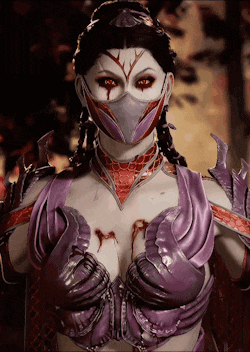 a woman is wearing a purple and red costume with a mask on her face