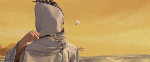 a cartoon character is wearing a white hood and covering her face