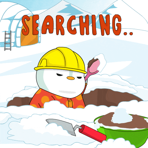a snowman wearing a yellow hard hat is digging in the snow with the words searching behind him