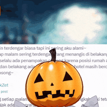 a pumpkin with a face on it is standing in front of a text box