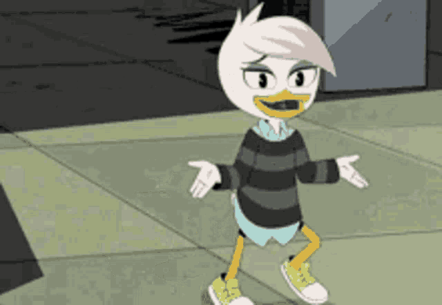 a cartoon character is standing on a sidewalk with his arms outstretched .