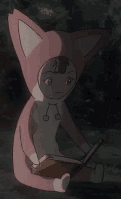 a cartoon character in a pink cat costume holds a book