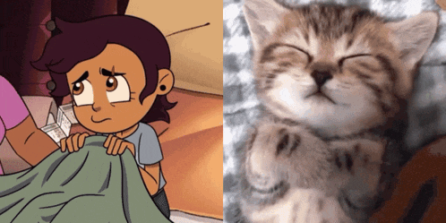 a cartoon of a girl holding a blanket next to a picture of a kitten sleeping on a blanket
