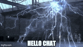 lightning strikes in a dark room with the words `` hello chat '' written on the bottom .