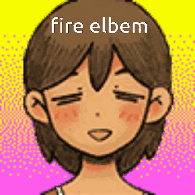 a pixel art of a girl with her eyes closed and the words `` fire elbem '' written above her .