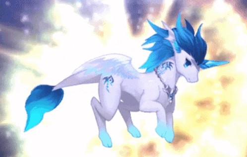 a cartoon unicorn with blue feathers on its head
