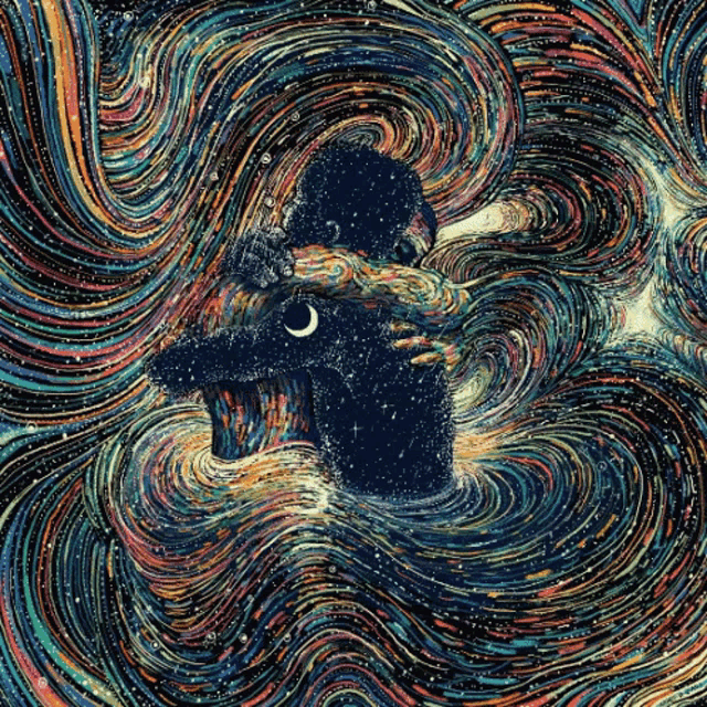 a colorful painting of a man hugging another man