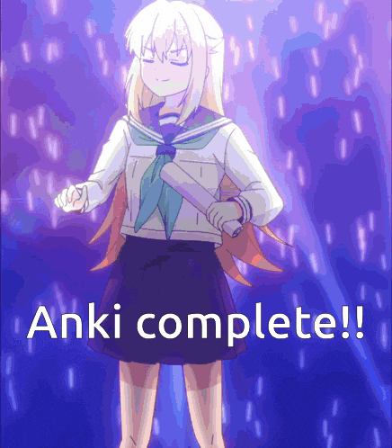 a girl in a sailor uniform is holding a bat and the words " anki complete " are written below her