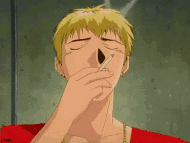 a man in a red shirt is smoking a cigarette with his eyes closed ..