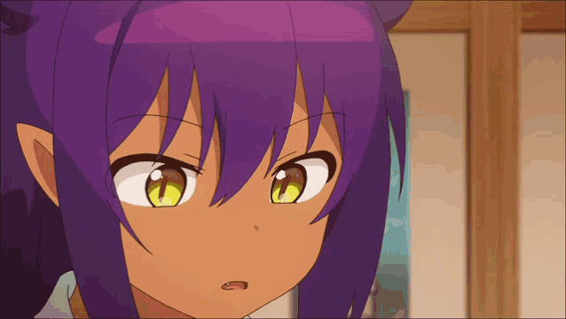 a girl with purple hair and yellow eyes looks at the camera