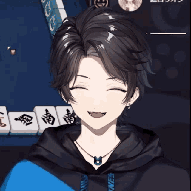 a girl with blue eyes is wearing a black hoodie and a necklace that says " bones "