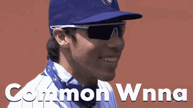 a baseball player is wearing sunglasses and a bandana around his neck and the name common wanna is on the bottom