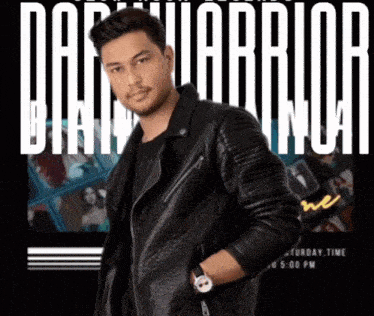a man wearing a black leather jacket stands in front of a poster that says dark warrior