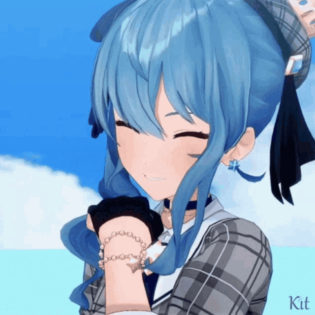 a girl with blue hair is wearing a plaid shirt and a bracelet with a star on it