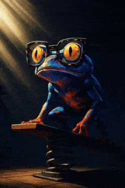 a blue and orange frog wearing glasses is standing on a spring