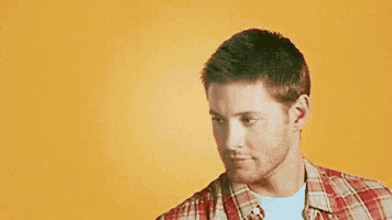 a man wearing a plaid shirt is standing in front of a yellow background .