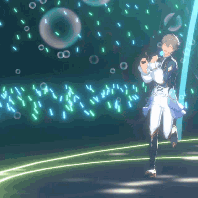 a man in a blue and white outfit is singing into a microphone with bubbles in the background