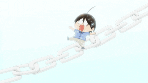 a cartoon character is hanging from a chain with his mouth open