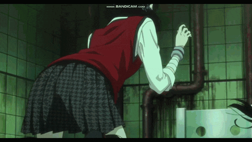 a girl in a school uniform is standing next to a wall with blood coming out of it ..