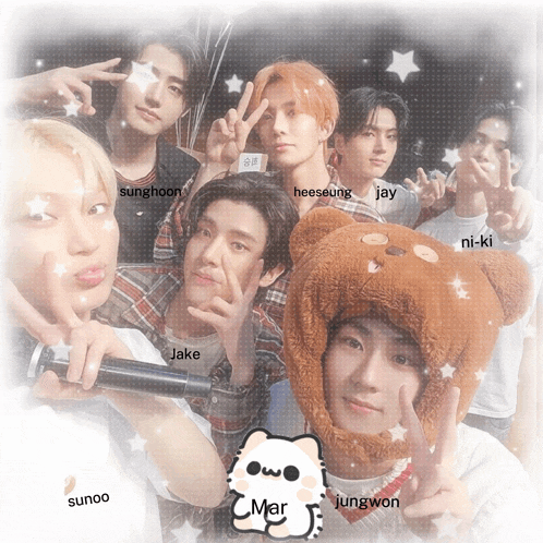 a group of young men are posing for a picture and one has a teddy bear hat on