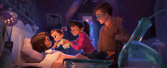 a man playing a guitar is surrounded by two girls and a woman laying on a bed