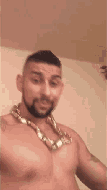 a shirtless man with a beard and a gold chain around his neck