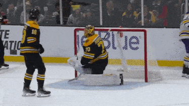 a hockey goalie with the number 70 on his back