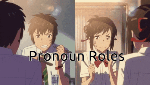a boy and a girl are brushing their teeth in front of a mirror with the words pronoun roles written above them